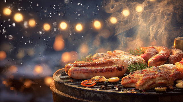 Barbecue grill with sausages, chicken, and food against lights. Perfect for summer cookout, outdoor dining, party invitations, food blogs.