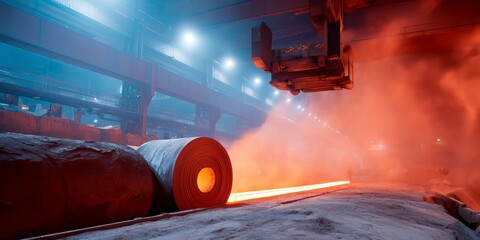 Large piece of metal is being rolled through a furnace