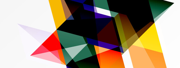Obraz premium Abstract composition featuring overlapping geometric shapes. Colors include red, yellow, purple, green, black, orange, plus white background. Dynamic visual arrangement.