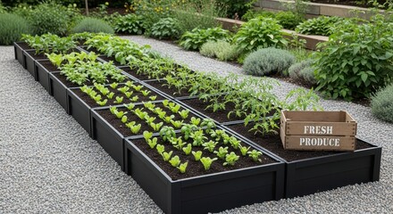 A raised garden bed growing fresh vegetables in sunlight