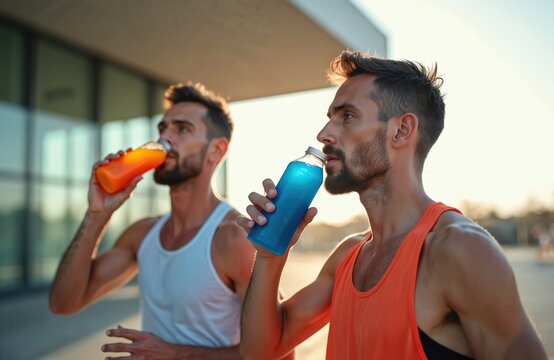 Two men athletes rest after workout outside. They drink colorful beverage from bottles. Guys wear tank tops and refresh after training near modern building. - Powered by Adobe