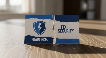 A torn card displaying fraud risk and the need to fix security with an illustration on a wooden surface