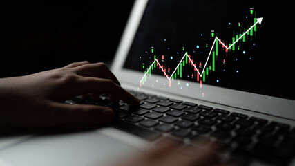 A stock market trading candlestick chart showing a bull market trend. A concept of financial investment with technical analysis and trading signals. Motif