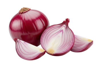 Whole, half, and quarter-cut vibrant red onions with glossy skin and intricate translucent inner layers, isolated on a transparent background with copy space, concept of fresh organic food