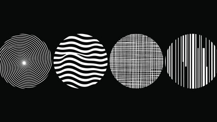 Abstract circular pattern icon set, black vector textures, spiral wave grid barcode designs, optical illusion motif, graphic illustration