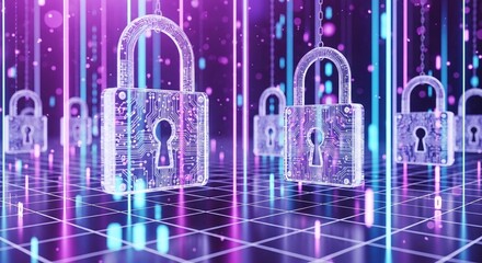 A futuristic and abstract representation of cybersecurity, featuring glowing padlocks and neon lines against a dark background, symbolizing digital protection