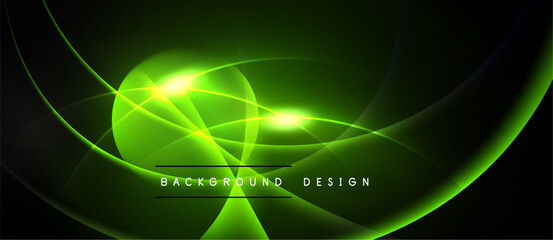Dark background features vibrant green curves, lines, glowing center. Modern design suggests energy, motion, technology. Simple text reads background design.