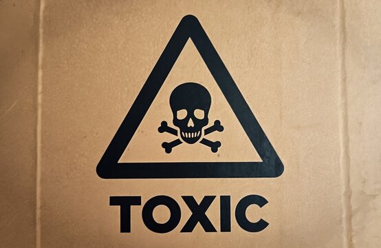 Black skull, crossbones symbol inside warning triangle on brown cardboard surface. Word TOXIC printed below. Hazard sign indicates dangerous chemicals biohazard risk. Warns about harmful substances.