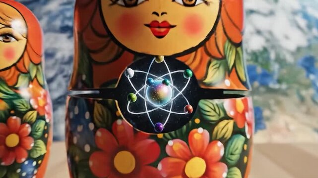 Russian Nesting Doll Opening to Reveal Universe and Atom