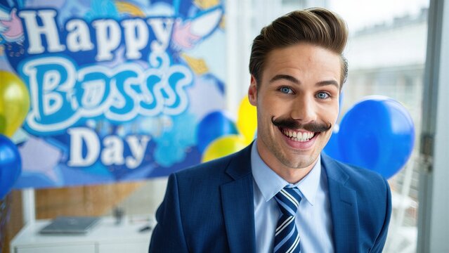 Happy Boss's Day celebration with joyful man in suit, office party decor, cheerful workplace environment, blue and yellow balloons, corporate appreciation event, festive business atmosphere - Powered by Adobe