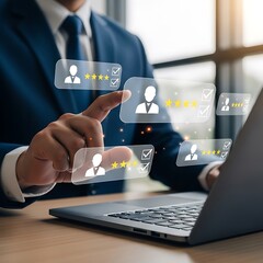 Online Feedback and Customer Review Concept with Businessman and Laptop