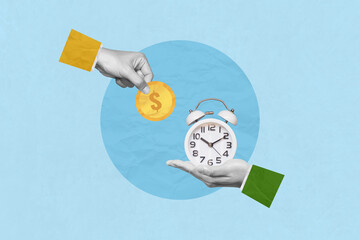 Time is money, coins, investment, control or make decision. Creative art collage of hands holding clock and the other a pile of coin