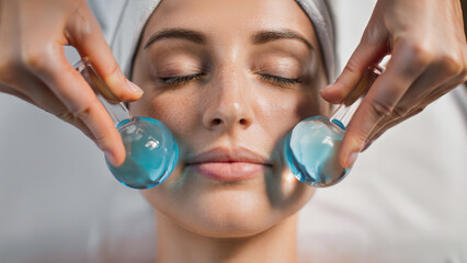 Relaxing facial massage with blue ice globes used in a cooling skincare therapy routine for de-puffing, soothing the skin, and enhancing circulation in a spa or at-home self-care beauty ritual