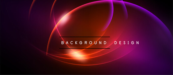 Abstract neon lines create vibrant circular shapes. Dark background emphasizes glowing red, purple hues. Text reads background design.
