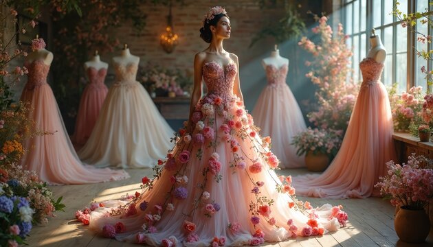 Fashion model poses in unique gown adorned with spring flowers. Elegant floral dress blooming blossoms. Runway style presents avant-garde fashion design. Woman wears luxury, chic garment with vibrant