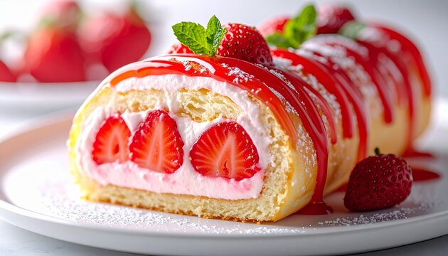 Macro of a strawberry Swiss Roll with glossy filling exposed