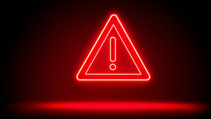 neon red, triangular-shaped warning sign with an exclamation mark on a dark background