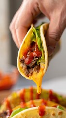 Smash burger tacos, crispy edges, melting cheese pull, seared griddle crust, tender beef crumbles, spicy salsa drizzle, pickles, lettuce, handheld street food, taco snack, savory comfort