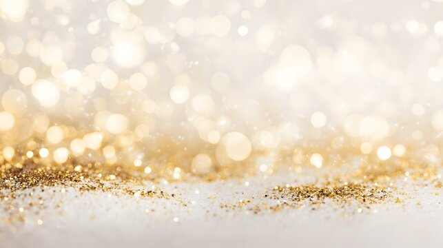 Gold glitter confetti on a white background. Festive abstract background. Gold glitter luxury sparkling confetti. Golden glitter background with bokeh defocused lights - Powered by Adobe