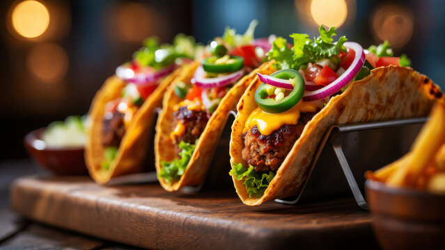 Smash burger tacos on a steel rack, melted cheddar, jalape&ntilde;o rings, red onion, lettuce, toasted tortillas, street food night scene, hot griddle cooking, pub dinner, closeup bokeh background