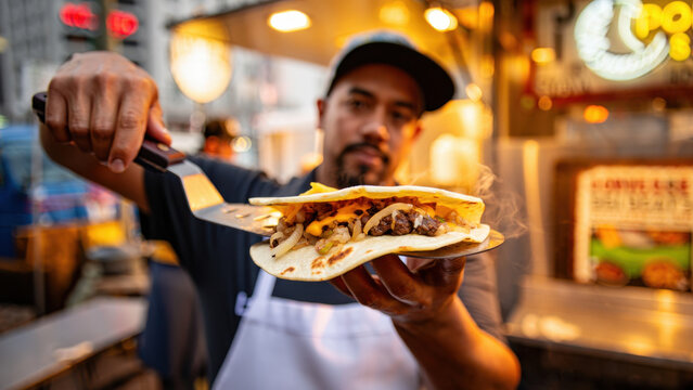Street vendor presenting hot and juicy smash burger tacos with crispy edges, melted cheese, grilled onions and fresh tortilla straight off the griddle in vibrant food market at golden hour