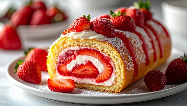 Macro of a strawberry Swiss Roll with glossy filling exposed - Powered by Adobe