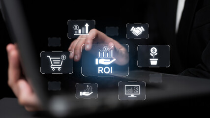 Concept of Return on Investment (ROI) for business. Analyzing financial performance and investment strategy to measure profit, growth, and the success of a marketing campaign. Fermion