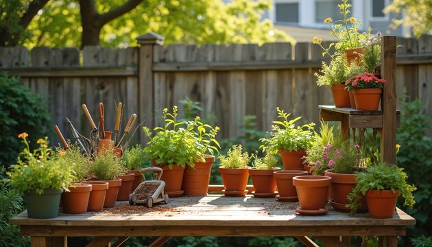 Wooden potting bench holds terra cotta pots filled with green plants and garden tools. A small wooden wheelbarrow sits on the table. Rich greenery and wooden fence in background. - Powered by Adobe