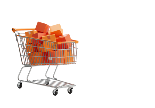 A modern 3D rendered shopping cart, shiny chrome and vibrant orange plastic, overflowing with orange product boxes, isolated on a transparent background with copy space, concept of modern