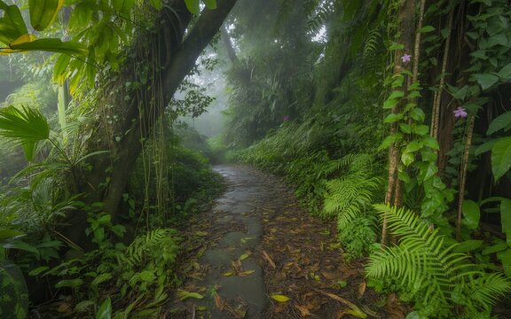 Misty jungle path surrounded by lush green tropical foliage - Powered by Adobe