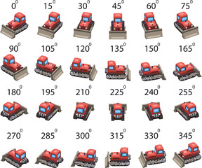 A set of 24 cartoon Bulldozer in isometric. A colorful vector illustration set of a cartoon style bulldozer shown in rotation isometric angles, perfect for construction themes, mobile games, animation
