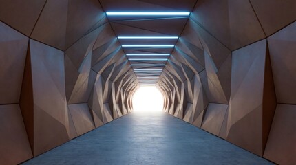 Futuristic architectural corridor with geometric patterns and illuminated ceiling, leading to a bright opening