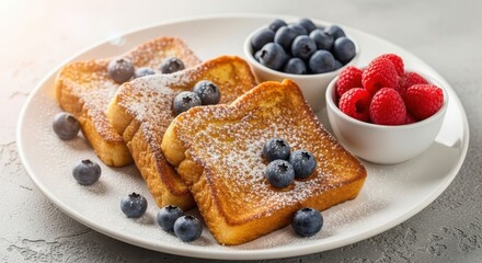 Close up of delicious french toast with fresh blueberries and raspberries