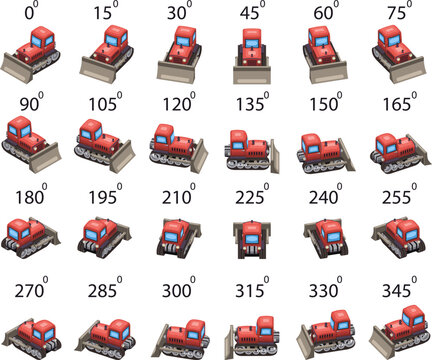 A set of 24 cartoon Bulldozer in isometric. A colorful vector illustration set of a cartoon style bulldozer shown in rotation isometric angles, perfect for construction themes, mobile games, animation