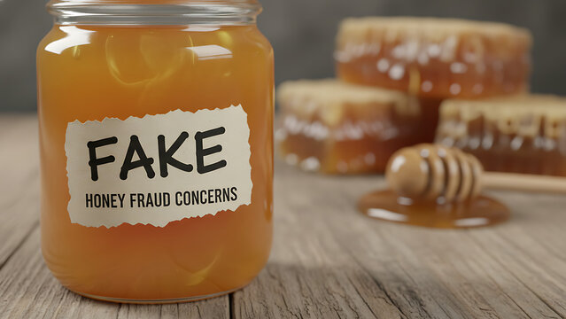 Jar labeled fake highlights honey fraud concerns 65248721 1