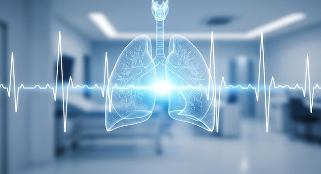 A glowing blue wireframe visualization of human lungs and trachea is overlaid on a blurred hospital setting, flanked by a prominent, continuous ECG heartbeat line - Powered by Adobe