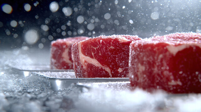 Frozen raw steak beef frozen meat red meat close up icy texture frozen raw steak beef frozen meat red meat