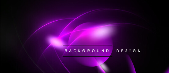 Abstract purple neon lines create dynamic background. Bright glow emphasizes central text background design. Dark space surrounds flowing shapes.