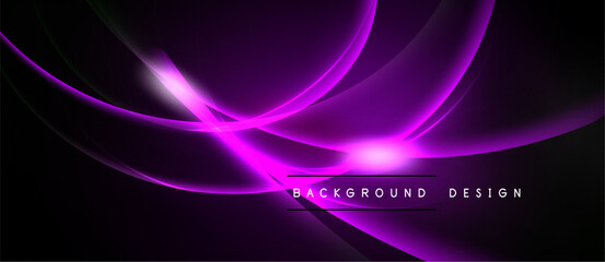 Abstract purple lines create dynamic flow. Dark background emphasizes bright curves, modern design elements present. Simple text reads background design.