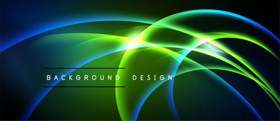 Abstract vibrant lines create dynamic energy. Blue, green, yellow hues blend seamlessly. Modern design element for backgrounds.