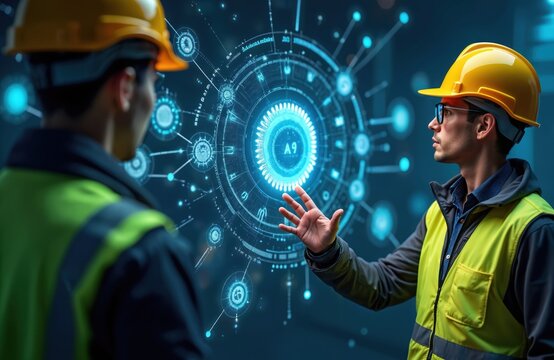 Two engineers wearing hard hats discuss AI tech. One man points at glowing digital interface showing data. Collaborate on future industrial automation, software development, smart system innovation - Powered by Adobe