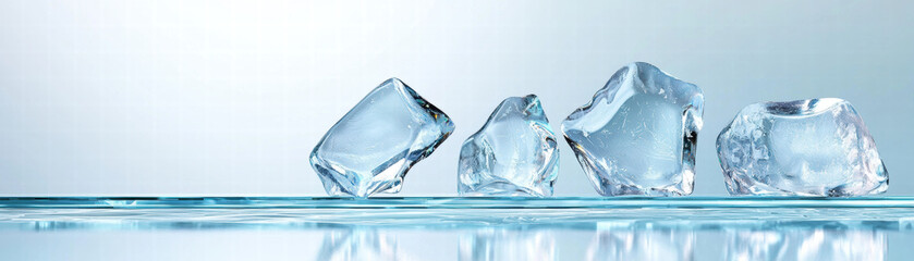 Obraz premium Clear ice cubes on reflective surface cool minimalist composition with soft blue lighting and serene mood