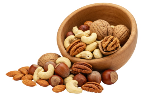 Shelled, unsalted almonds, cashews, walnuts, hazelnuts, pecans overflowing from rustic wooden bowl, bright white background, copy space. Natural healthy snacks, abundance concept