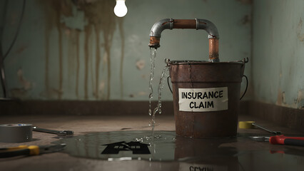 Leaking pipe labeled insurance claim symbolizes home insurance and repair needs 36927919 1