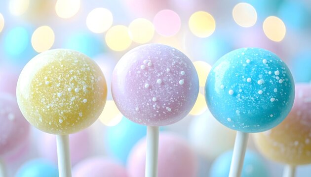 Cake pops pastel con decoraci&oacute;n brillante en fondo difuminado festivo