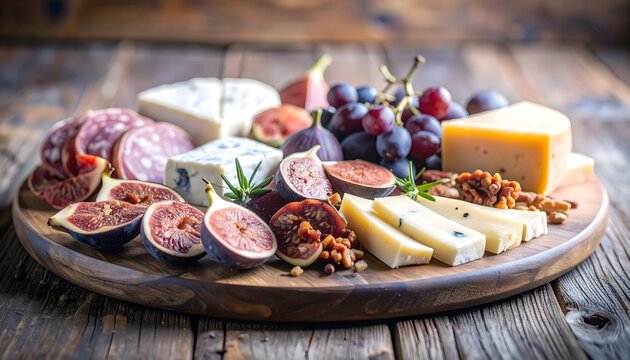 Tabla gourmet de quesos, higos y embutidos sobre madera r&uacute;stica
