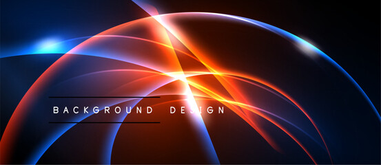 Abstract dynamic background. Bright neon lines intersect, creating futuristic visual effect. Dark space emphasizes glowing curves.