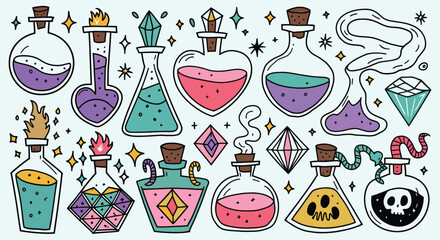 Magic Potion Bottle Vector Set, Witchcraft Elixirs, Fantasy Vials, Spell Element