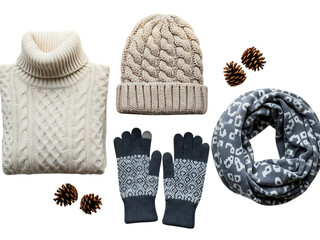 Collection of warm winter clothing including a cream turtleneck sweater, beige knit beanie, patterned gloves, and a gray infinity scarf, isolated on transparent background