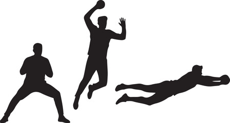 Handball players silhouettes in action: thrower, jumper, and goalie diving